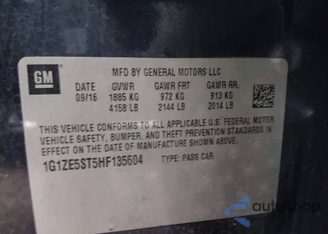 2017 Chevrolet Malibu 1Lt from USA, damaged, VIN 1G1ZE5ST5HF135604